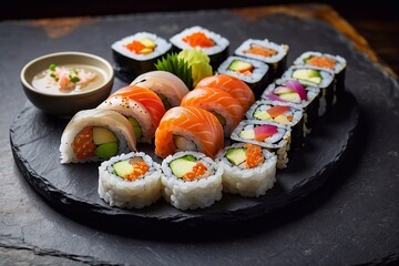Platter with various types of sushi and rolls  on black .surface. Generative AI