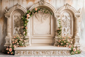 Intricately designed classical stonework with floral accents and vintage roses. Perfect for architectural and decor themes.