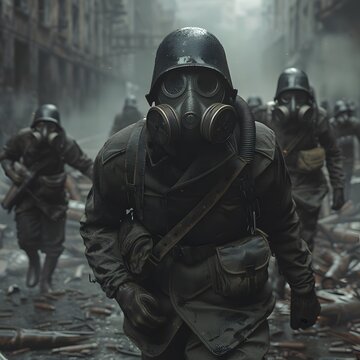 A soldier in camouflage uniform, possibly special forces, equipped with a rifle for combat situations, wears a mask for protection