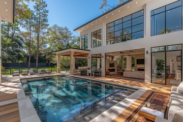 Obraz premium Luxurious poolside area with modern architecture and natural surroundings, creating a serene and elegant environment perfect for relaxation and leisure