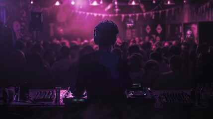 Silhouette of a DJ performing in a vibrant, purple-lit club with a lively crowd enjoying the music on a night out.