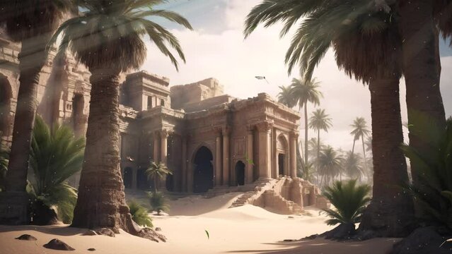 The ideo shows a sandy area with palm trees and large buildings made of stone