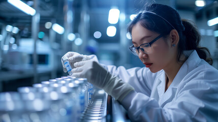 Pharmacist scientist with sanitary gloves examining medical vials on a production line conveyor belt in a pharmaceutical factory with Generative AI. Asian mixed race female checking medicine vials