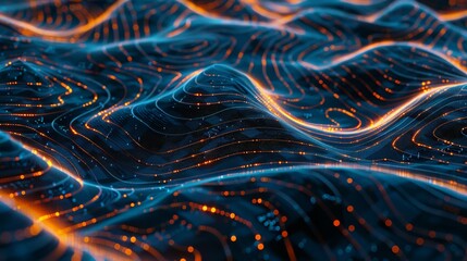 Intricate blue network with lines and orange glow, depicting a moving binary maze and wave patterns