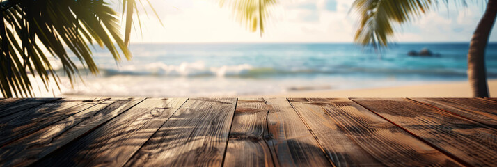Wooden table with tropical beach background for product display, summer vacation concept. 