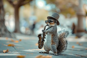 A squirrel wearing sunglasses and a hat playing a saxophone