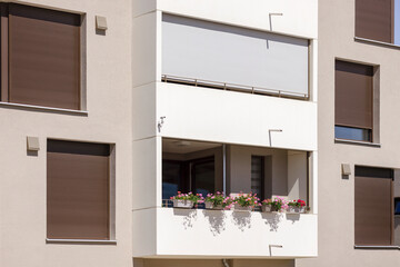 Window Blinds Balcony Roller Blind or Shutters of Modern Facade Building Apartment in Germany Europe. 
