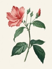 Botanical illustration of a pink hibiscus flower with detailed leaves and unopened buds against a white background.