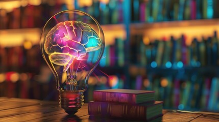 A book with a human brain light bulb on top as a symbol of an idea or invention. Day of Knowledge