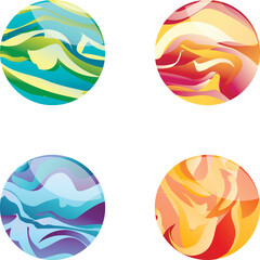 Vibrant, circular icons representing the four elements, water, earth, air, and fire, in a modern abstract style