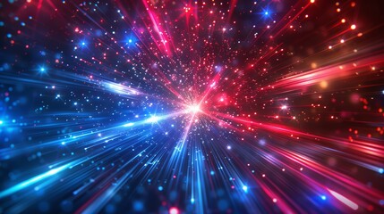 Naklejka premium Vivid red and blue light beams creating a dynamic starburst pattern, resembling a cosmic explosion with sparkling particles in space.