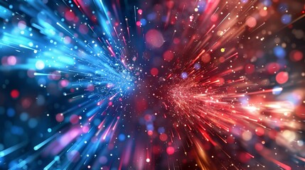 Obraz premium Vivid explosion of blue and red light particles creating a dynamic and mesmerizing abstract background perfect for creative or festive projects.