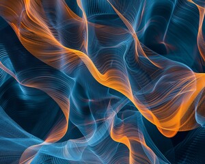 Obraz premium Abstract blue lines creating a network with an orange glow, moving through a digital maze of binary waves