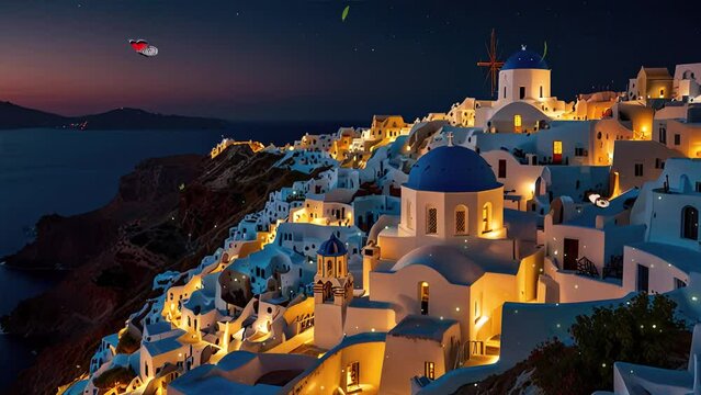 A night view of Santorini, Greece, with whitewashed buildings and blue domes, built on a cliffside overlooking the Aegean Sea.