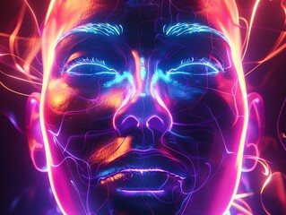 Vibrant neon abstract digital art portrait featuring glowing colors and futuristic design, illuminating a surreal facial depiction.