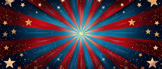 Vibrant red and blue starburst background with golden stars, perfect for festive and patriotic design themes.
