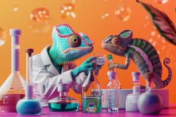 A cartoon of two chameleons in lab coats holding test tubes
