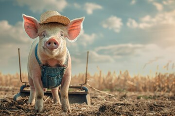 A pig wearing a straw hat and overalls is sitting in a field - Powered by Adobe