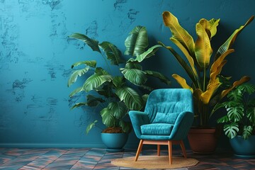 Obraz premium Vibrant indoor garden with lush green plants and a cozy blue chair, creating a refreshing and serene natural retreat within the home