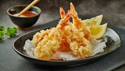 Fried Shrimp - Japanese Tempura presented in a Tasteful Way - Battered Gamba Deep Fried - Juicy Delicious Japanese Cuisine - Asian Food