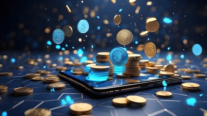 Coins accumulating and blue coins flying from an abstract smartphone. Cashback idea. background in...