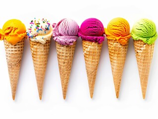 A delightful assortment of colorful ice cream cones in various flavors, arranged in a row against a white background.