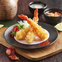 Fried Shrimp - Japanese Tempura presented in a Tasteful Way - Battered Gamba Deep Fried - Juicy Delicious Japanese Cuisine - Asian Food