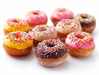 A variety of colorful glazed donuts with sprinkles on a white background. Perfect for breakfast, dessert, or a sweet treat.