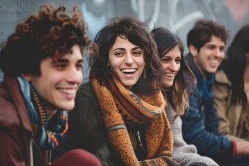 Group of friends having fun together. Cheerful young people laughing and looking at camera.