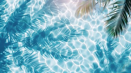 Luxury swimming pool and palm shadow in water top view. Summer tropical background for product placement podium mockup