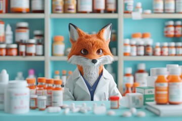 A cartoon fox is sitting at a counter in a pharmacy - Powered by Adobe