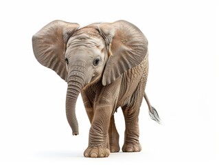 Adorable baby elephant walking forward on a white background, showcasing its large ears and wrinkled skin. Perfect for wildlife and nature themes.