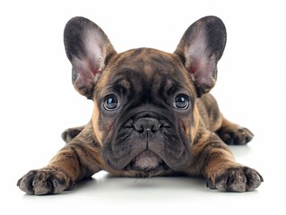 Adorable brown French Bulldog puppy lying down on a white background, with large ears and big eyes, looking directly at the camera.
