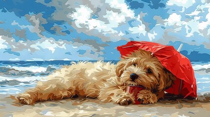 Joyful dog lounging on sandy beach with cocktail and umbrella, basking in the sun on a beautiful day