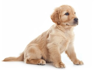 Adorable golden retriever puppy sitting against a white background, showcasing its fluffy fur and cute expression.