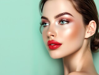 Fototapeta premium Elegant Model Showcasing Decorative Cosmetics on a Mint Backdrop