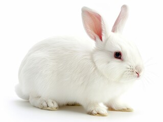 Adorable white rabbit with pink ears, lying down on bright white background. Perfect for Easter, pet, animal themes.