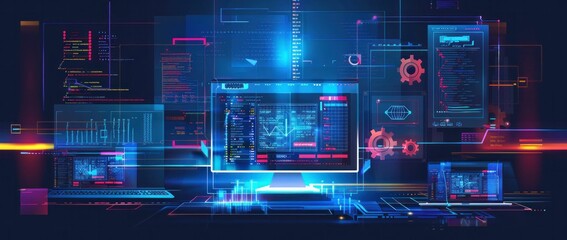 Computer screen and monitor in dark background for business and technology concept