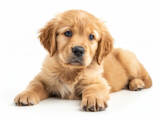 Adorable golden retriever puppy lying down, looking curious and attentive. Perfect for pet-related and cute animal content.