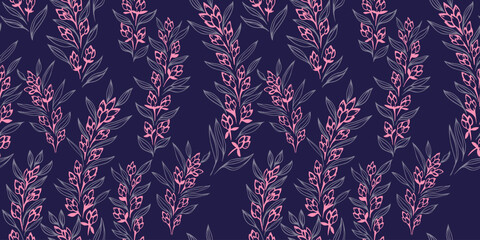 Abstract, artistic branches with tiny flowers, buds and small leaves intertwined in a seamless pattern. Creative floral stems printing on a dark background. Vector hand drawing sketch.