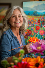 Fototapeta premium A cheerful woman painting a vibrant landscape on a canvas