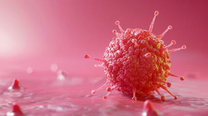Close-up 3D illustration of a virus cell in red-pink tones, illustrating a microscopic view of a viral infection.