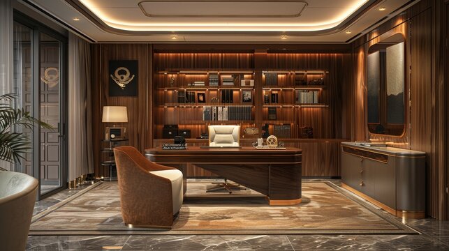 Private office for a senior executive, combining luxury and functionality with premium materials and a personal touch