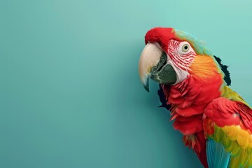 A colorful parrot is standing in front of a blue wall