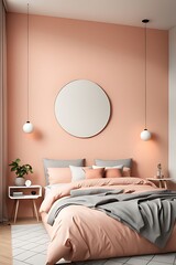 Bedroom in Delicate Peach Fuzz Color Trend 2024 with Panton Furniture and Accent Wall. Modern Luxury Room Interior for Home or Hotel. Empty Warm Apricot Paint Background for Art. 3D Render.