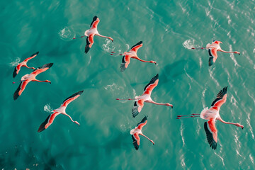 flamingos flying over turquoise water, top view,