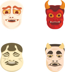 Collection of four cartoonish mask illustrations depicting various emotive and cultural designs