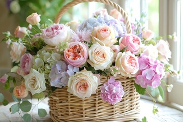 A delicate wicker basket filled with fragrant roses, peonies, and hydrangeas in soft pastel shades, evoking a romantic and timeless charm