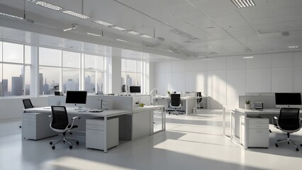 The office environment is roomy, spotless, and white