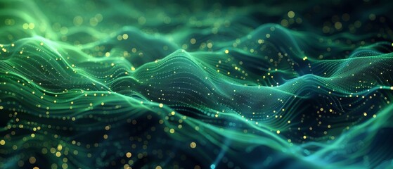 Fototapeta premium Futuristic digital abstract waveforms in a vibrant green and blue color scheme depicting data flow and technological innovation.